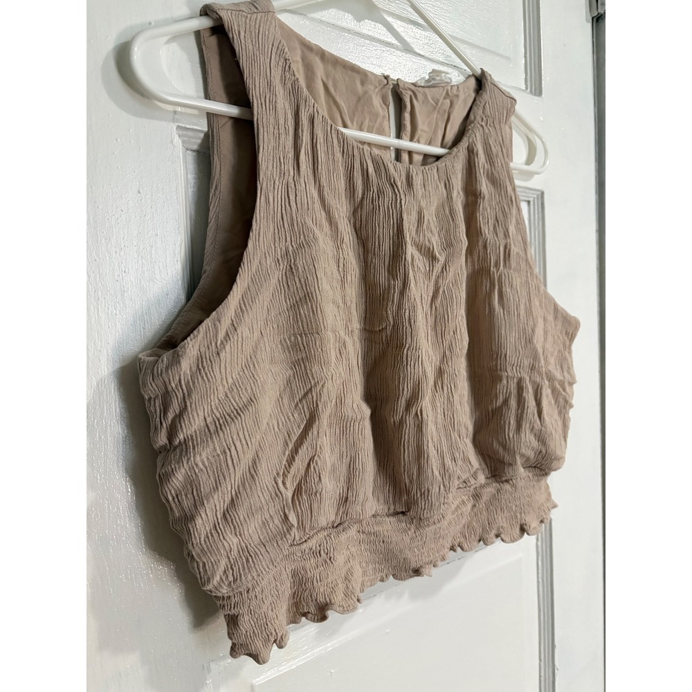 Womens Tan Beige Crinkle Rayon Smocked Hem Crop Top Tank Large Boho Costal